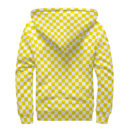 Yellow And White Checkered Pattern Print Sherpa Lined Zip Up Hoodie