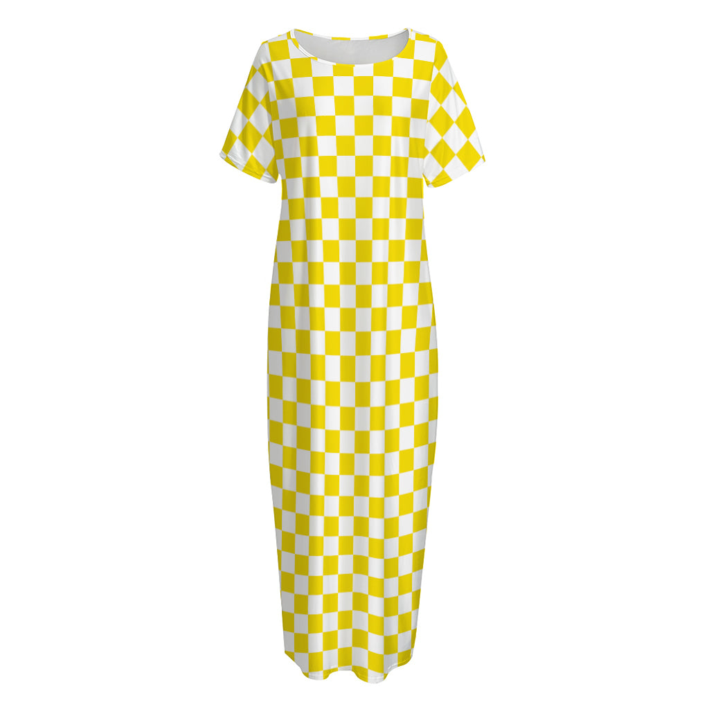 Yellow And White Checkered Pattern Print Short Sleeve Long Nightdress