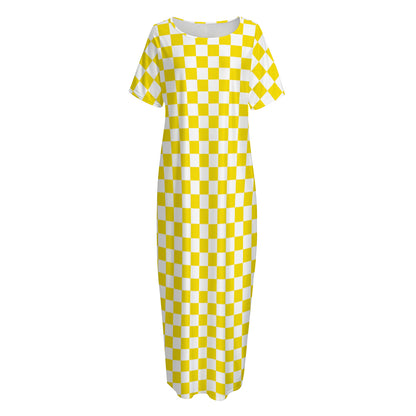 Yellow And White Checkered Pattern Print Short Sleeve Long Nightdress