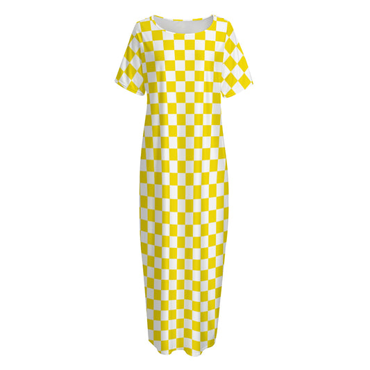 Yellow And White Checkered Pattern Print Short Sleeve Long Nightdress