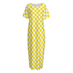 Yellow And White Checkered Pattern Print Short Sleeve Long Nightdress