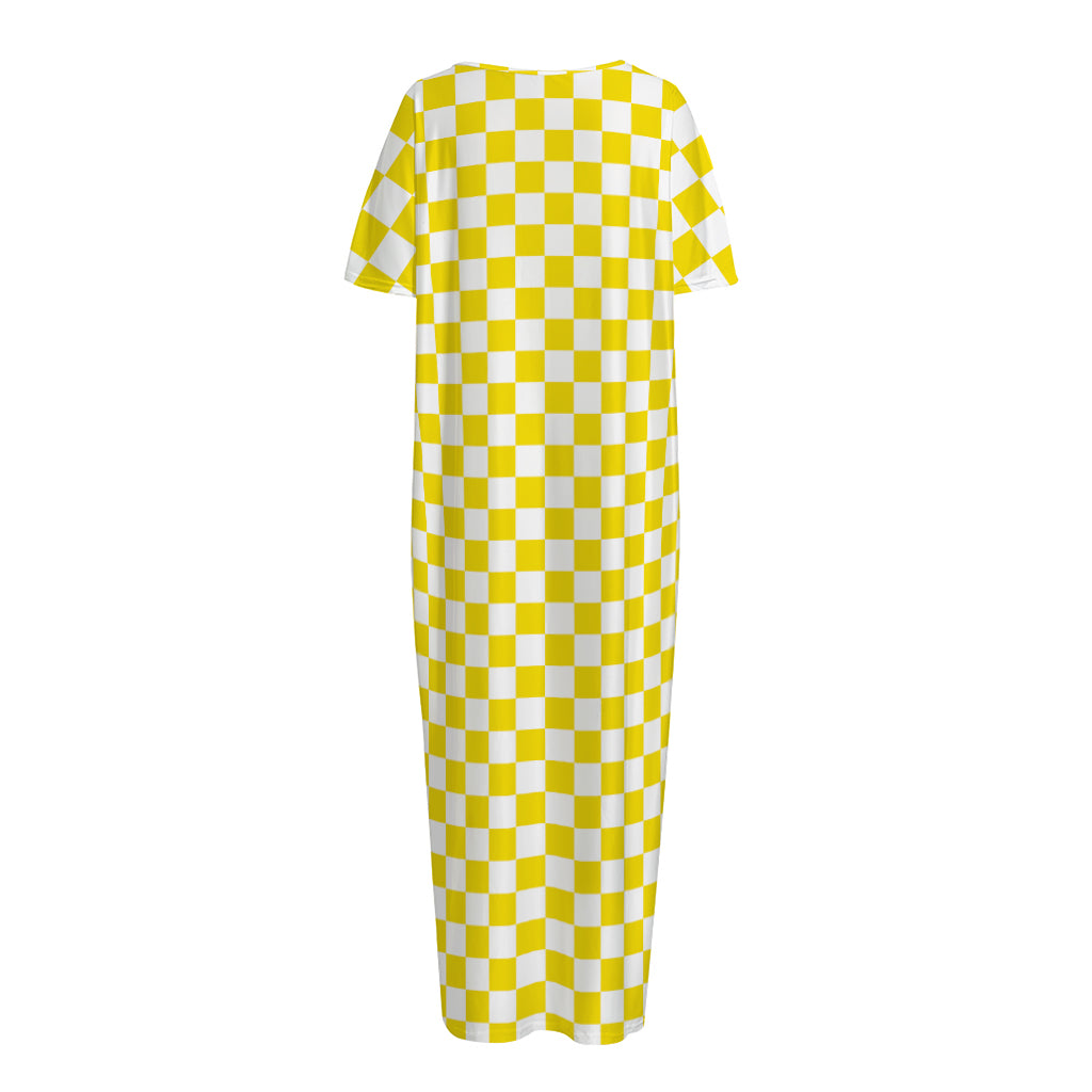 Yellow And White Checkered Pattern Print Short Sleeve Long Nightdress