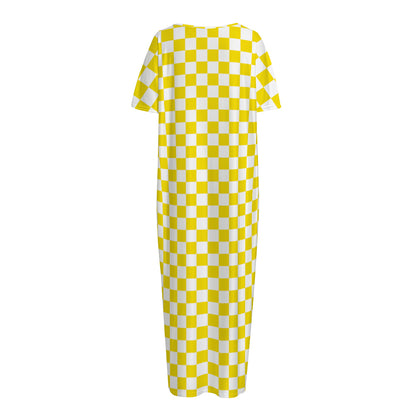 Yellow And White Checkered Pattern Print Short Sleeve Long Nightdress