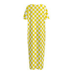 Yellow And White Checkered Pattern Print Short Sleeve Long Nightdress