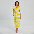 Yellow And White Checkered Pattern Print Short Sleeve Maxi Dress