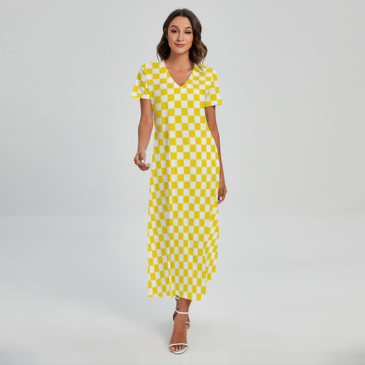 Yellow And White Checkered Pattern Print Short Sleeve Maxi Dress