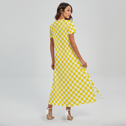 Yellow And White Checkered Pattern Print Short Sleeve Maxi Dress