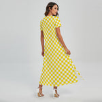Yellow And White Checkered Pattern Print Short Sleeve Maxi Dress