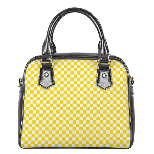 Yellow And White Checkered Pattern Print Shoulder Handbag