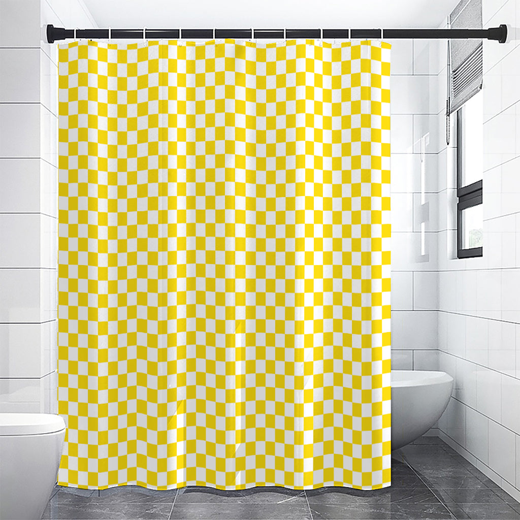 Yellow And White Checkered Pattern Print Shower Curtain