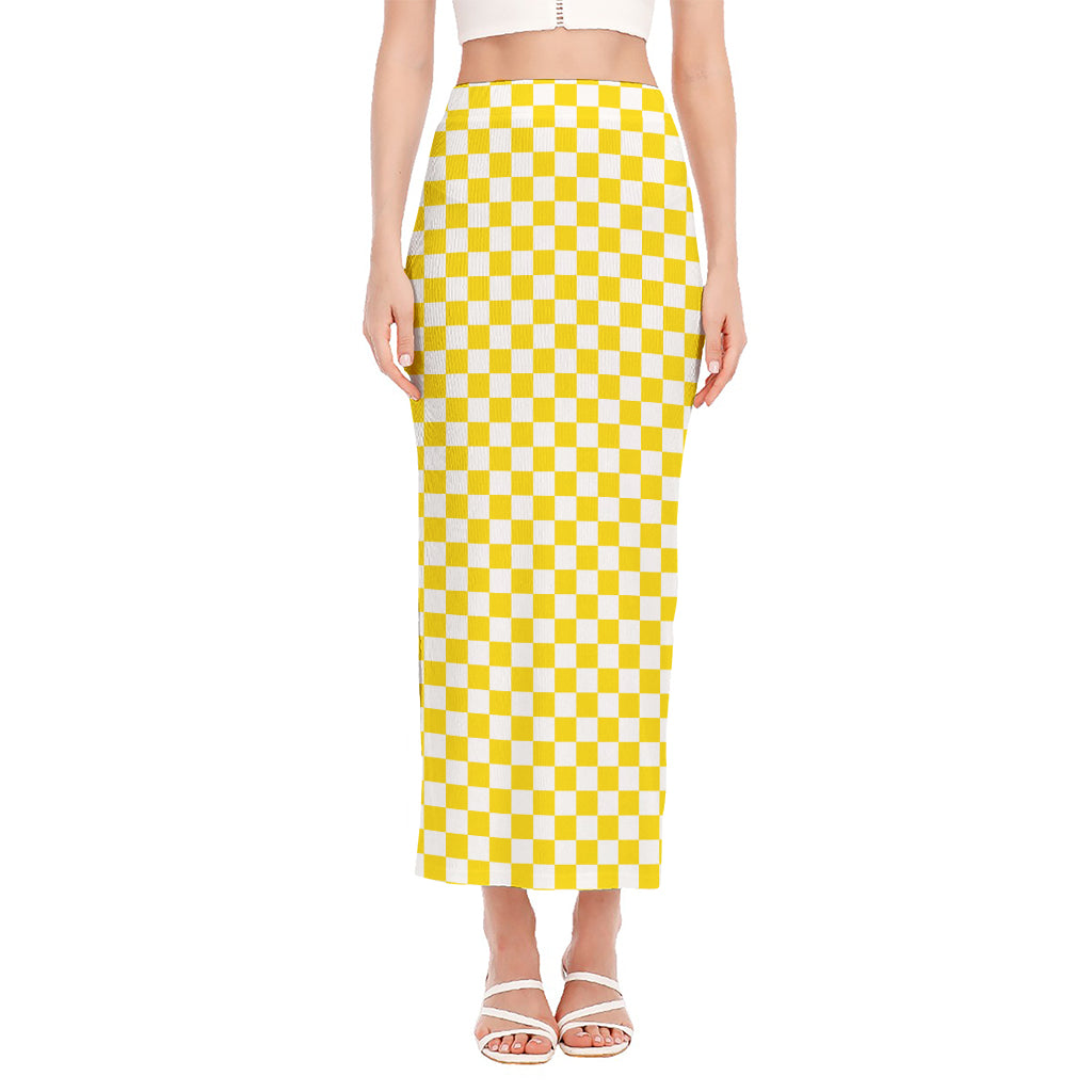 Yellow And White Checkered Pattern Print Side Slit Maxi Skirt