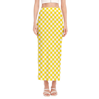 Yellow And White Checkered Pattern Print Side Slit Maxi Skirt
