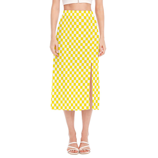 Yellow And White Checkered Pattern Print Side Slit Midi Skirt