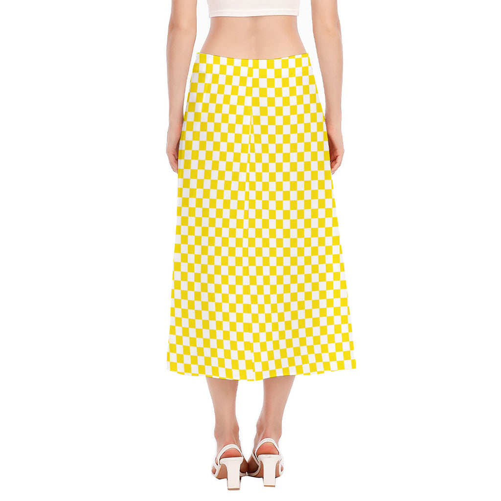 Yellow And White Checkered Pattern Print Side Slit Midi Skirt