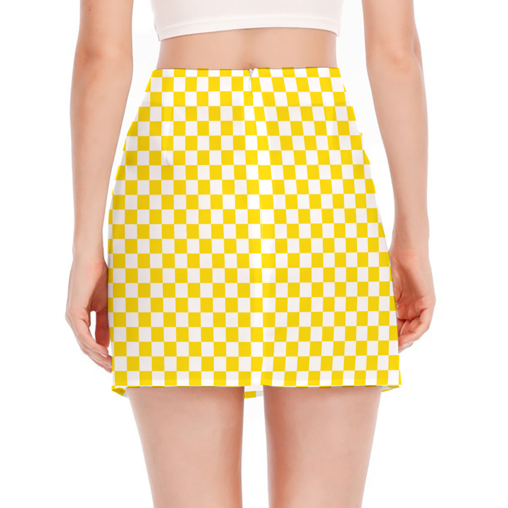Yellow And White Checkered Pattern Print Side Slit Mini Skirt