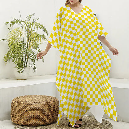 Yellow And White Checkered Pattern Print Silk V-Neck Kaftan Dress