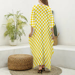 Yellow And White Checkered Pattern Print Silk V-Neck Kaftan Dress