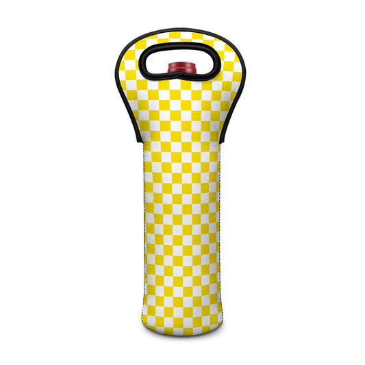 Yellow And White Checkered Pattern Print Single Neoprene Wine Tote