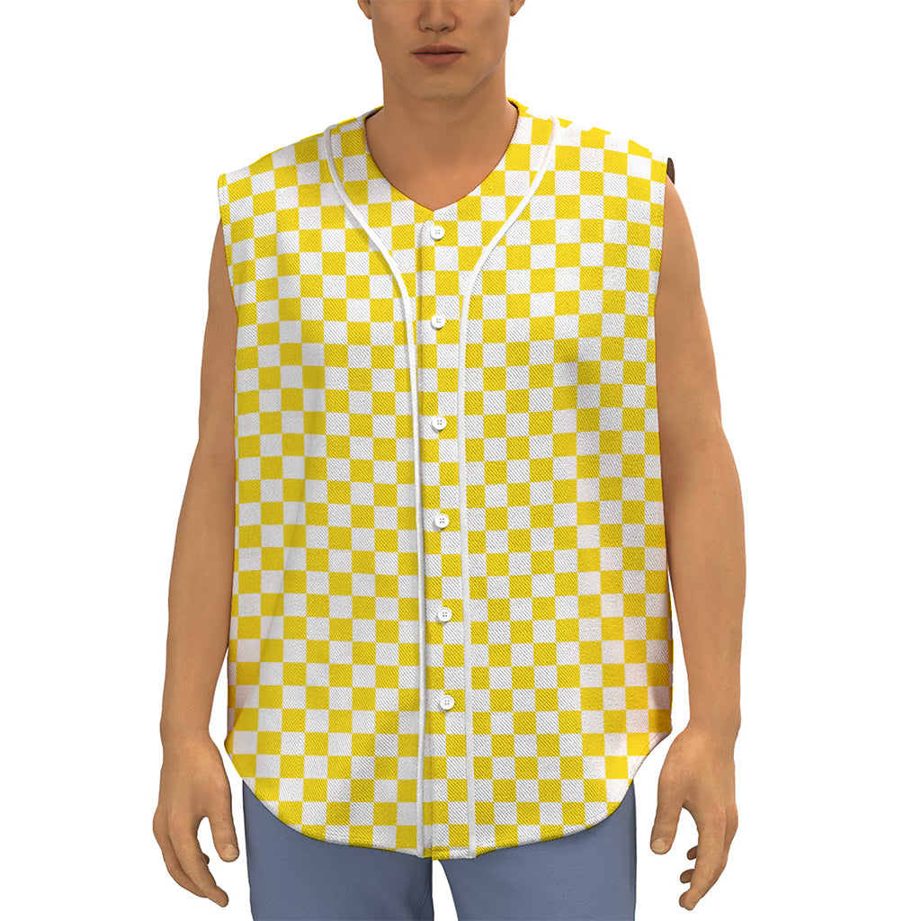 Yellow And White Checkered Pattern Print Sleeveless Baseball Jersey