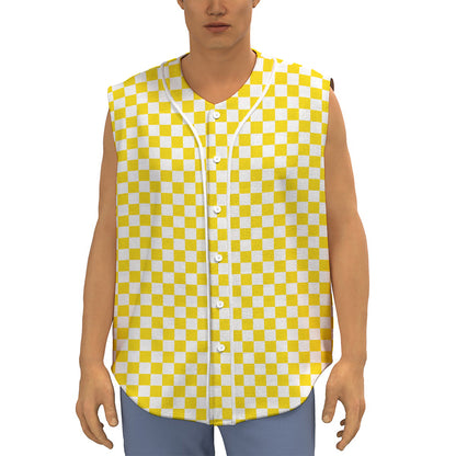 Yellow And White Checkered Pattern Print Sleeveless Baseball Jersey