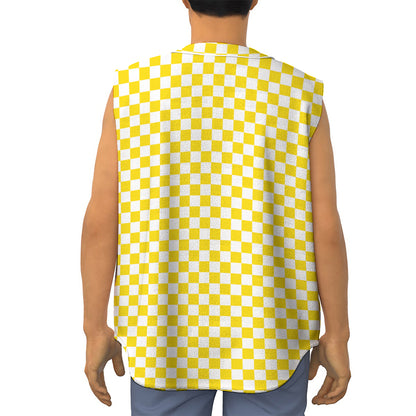 Yellow And White Checkered Pattern Print Sleeveless Baseball Jersey