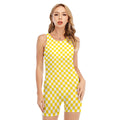 Yellow And White Checkered Pattern Print Sleeveless One Piece Swimsuit
