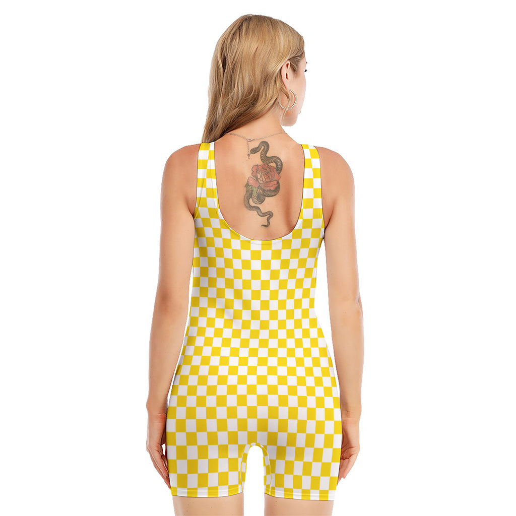 Yellow And White Checkered Pattern Print Sleeveless One Piece Swimsuit
