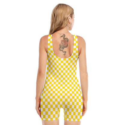 Yellow And White Checkered Pattern Print Sleeveless One Piece Swimsuit