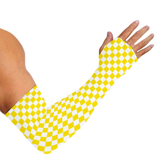 Yellow And White Checkered Pattern Print Sun Protection Arm Sleeves