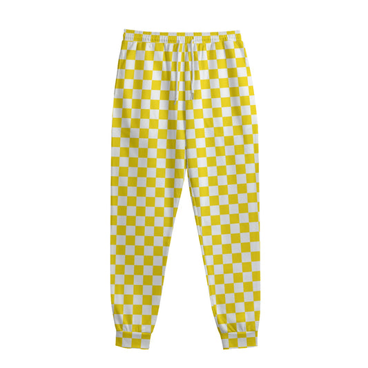 Yellow And White Checkered Pattern Print Sweatpants