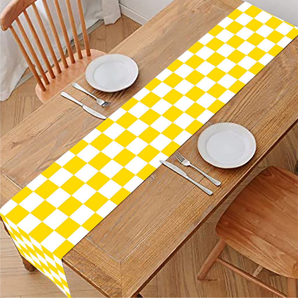 Yellow And White Checkered Pattern Print Table Runner