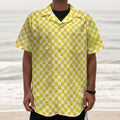 Yellow And White Checkered Pattern Print Textured Short Sleeve Shirt