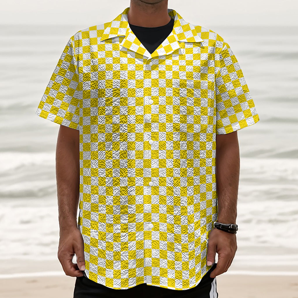 Yellow And White Checkered Pattern Print Textured Short Sleeve Shirt