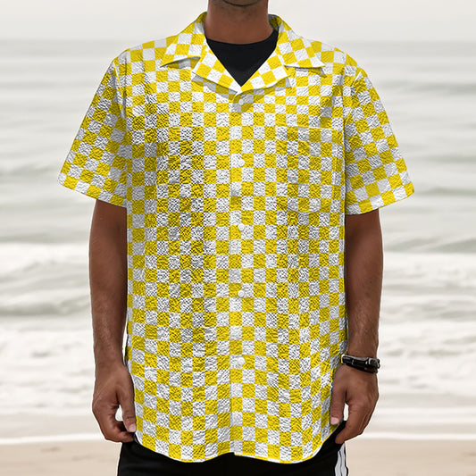 Yellow And White Checkered Pattern Print Textured Short Sleeve Shirt