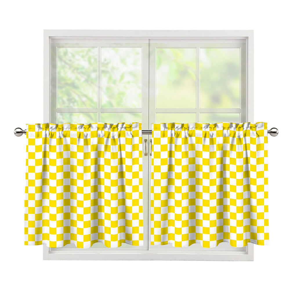 Yellow And White Checkered Pattern Print Tier Curtains