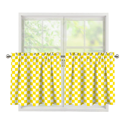 Yellow And White Checkered Pattern Print Tier Curtains