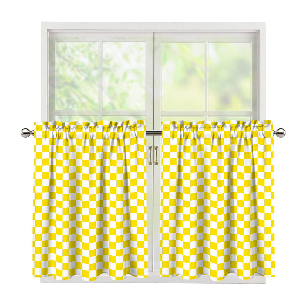 Yellow And White Checkered Pattern Print Tier Curtains