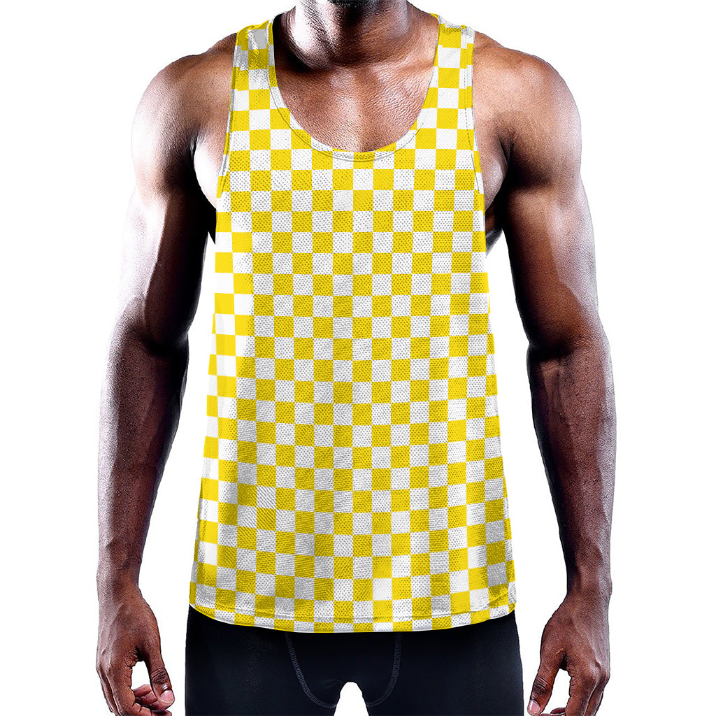 Yellow And White Checkered Pattern Print Training Tank Top