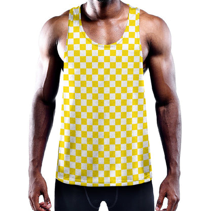Yellow And White Checkered Pattern Print Training Tank Top