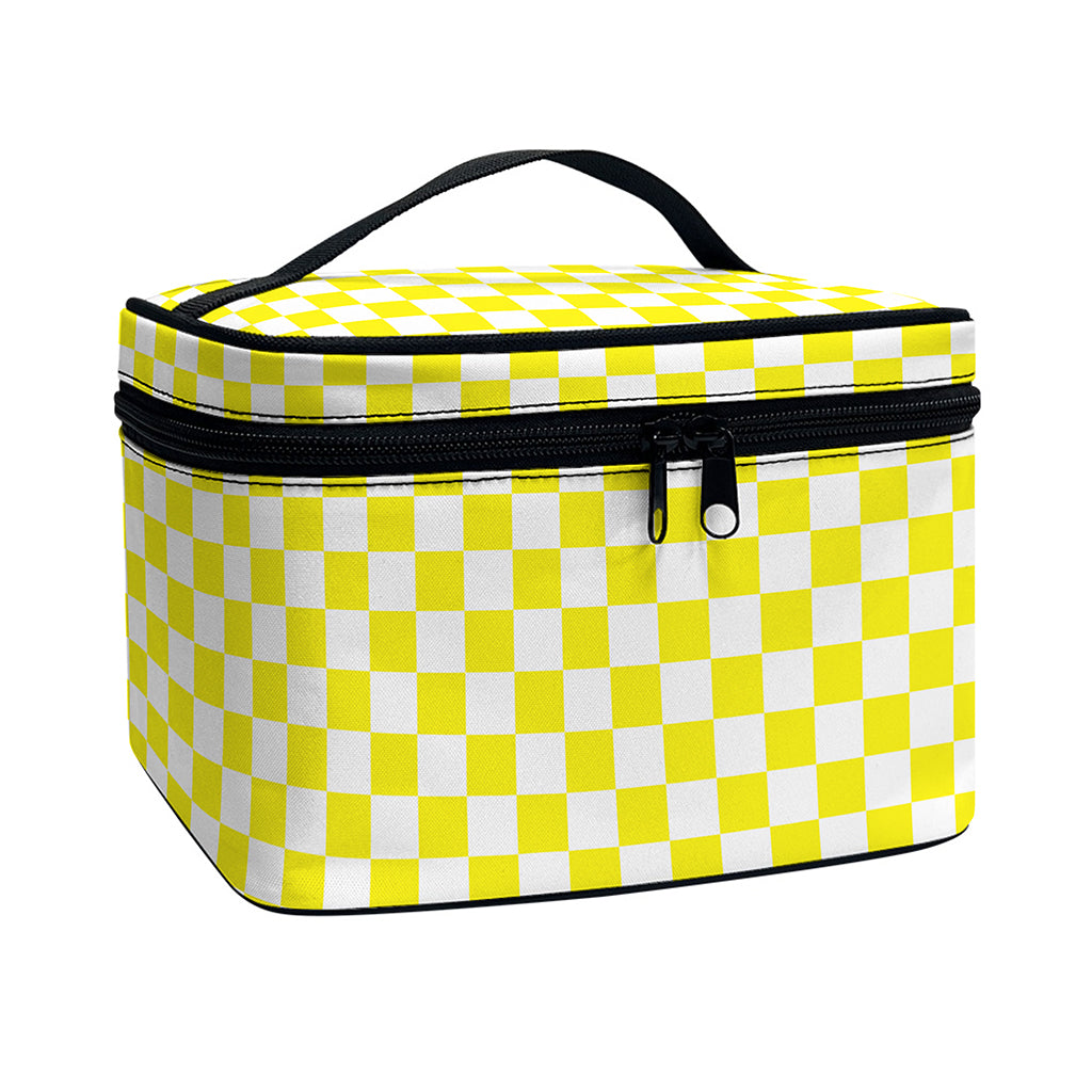 Yellow And White Checkered Pattern Print Travel Makeup Bag