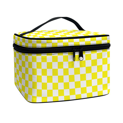Yellow And White Checkered Pattern Print Travel Makeup Bag