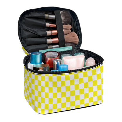 Yellow And White Checkered Pattern Print Travel Makeup Bag