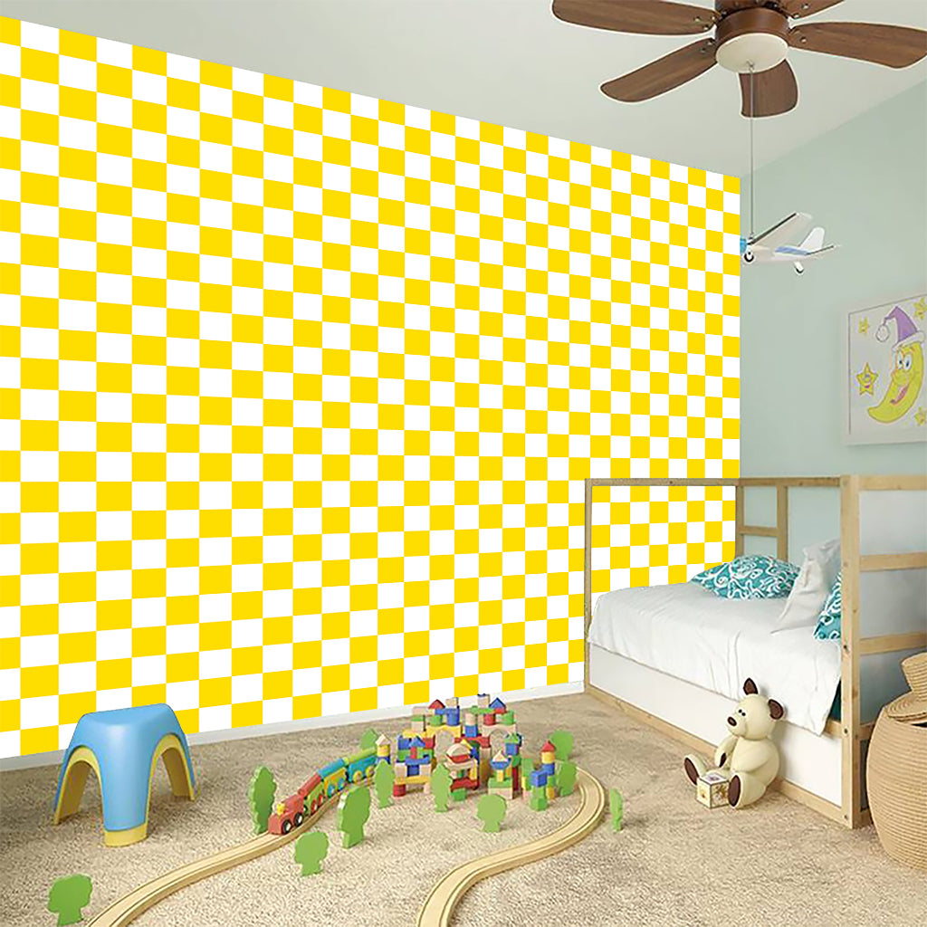 Yellow And White Checkered Pattern Print Wall Sticker