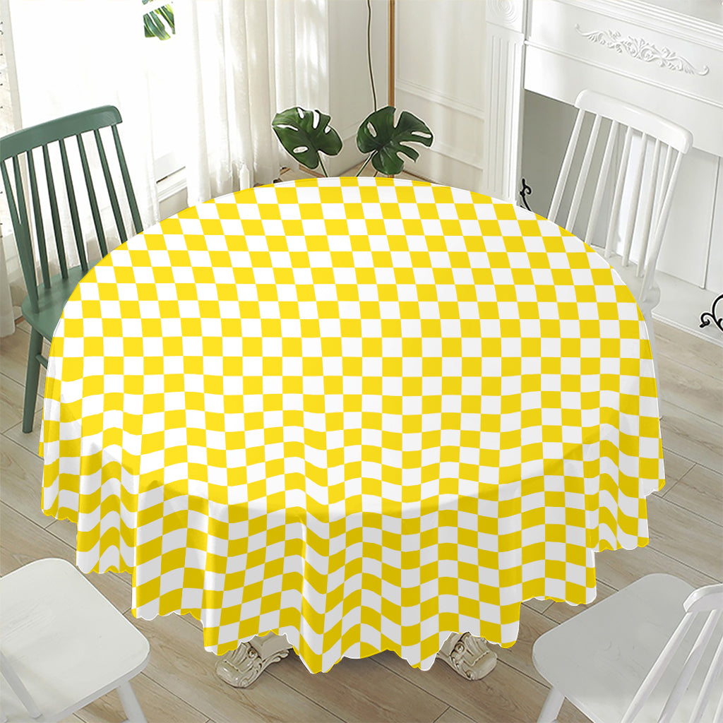Yellow And White Checkered Pattern Print Waterproof Round Tablecloth