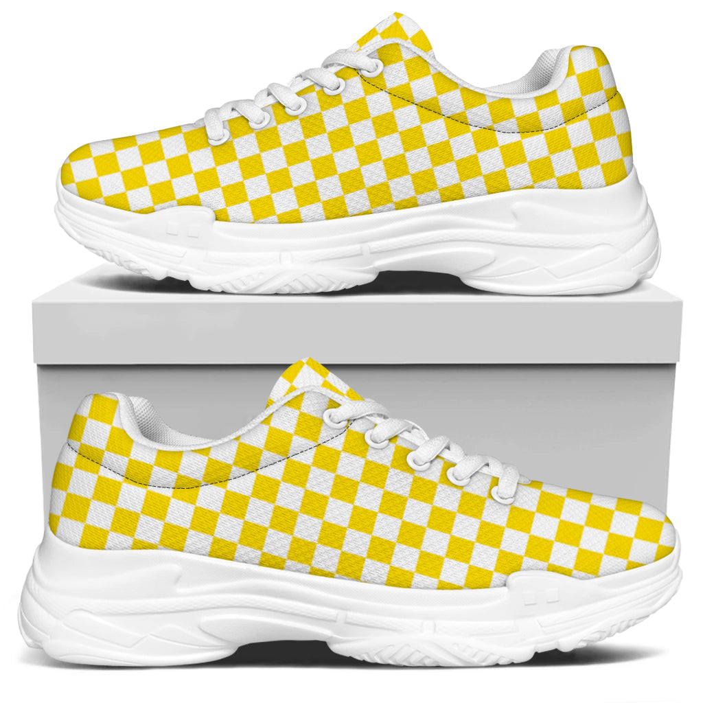 Yellow And White Checkered Pattern Print White Chunky Shoes