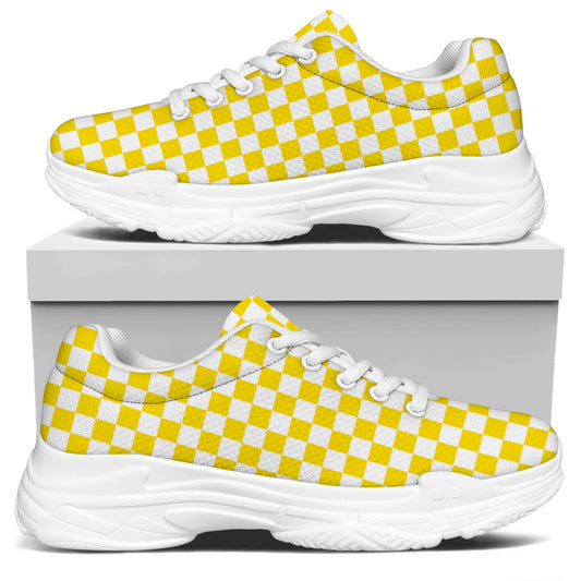 Yellow And White Checkered Pattern Print White Chunky Shoes