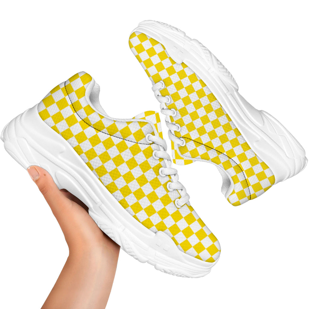 Yellow And White Checkered Pattern Print White Chunky Shoes