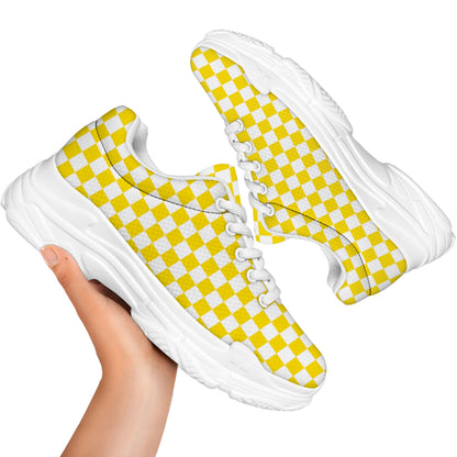Yellow And White Checkered Pattern Print White Chunky Shoes