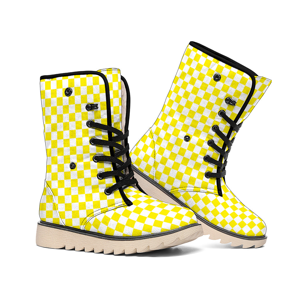 Yellow And White Checkered Pattern Print Winter Boots
