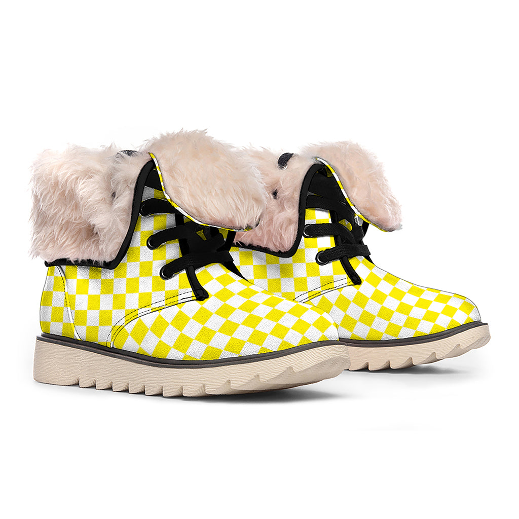 Yellow And White Checkered Pattern Print Winter Boots